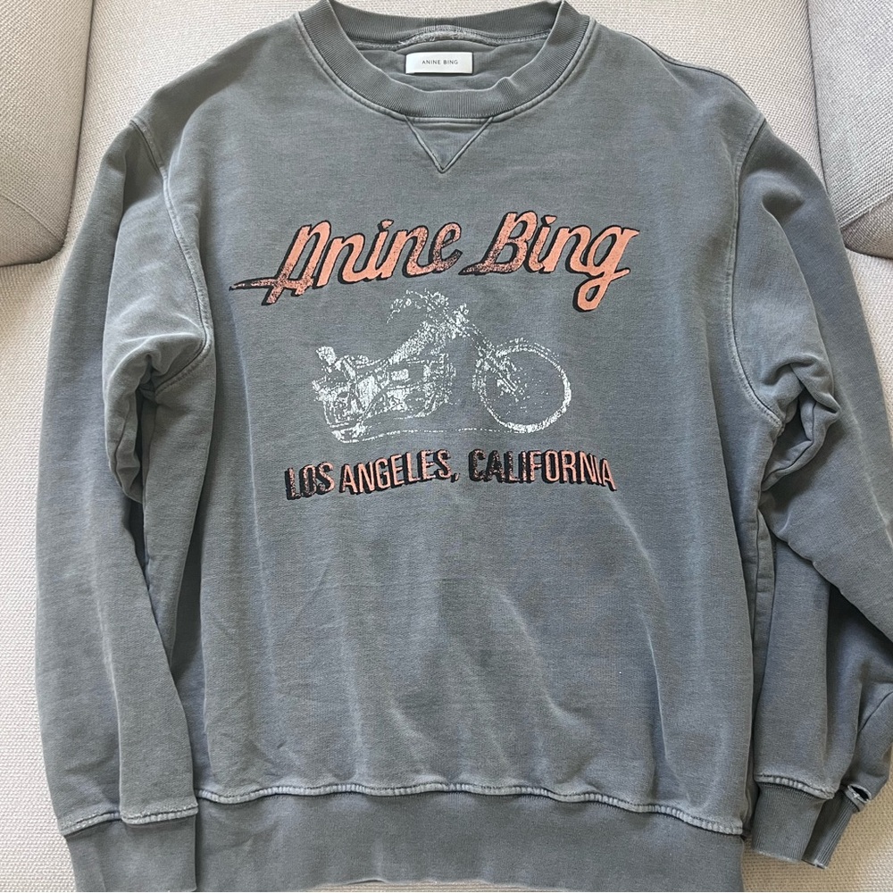 Anine Bing Washed Gray Motorcycle Crewneck Sweatshirt